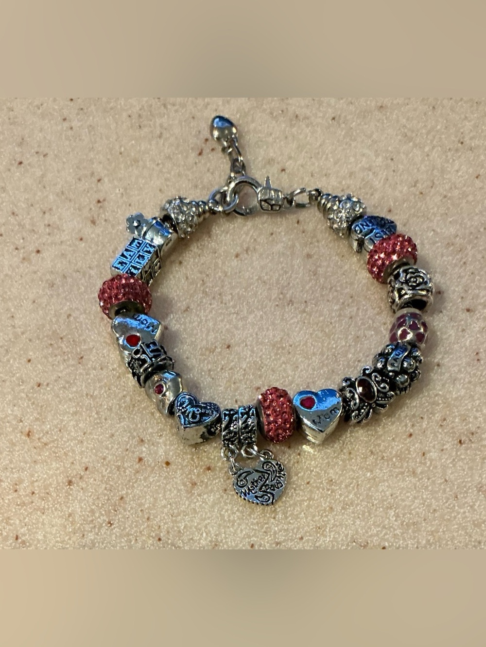 Silver Tone Mother Daughter Heart Charm Bracelet with Pink  Crystal Accents